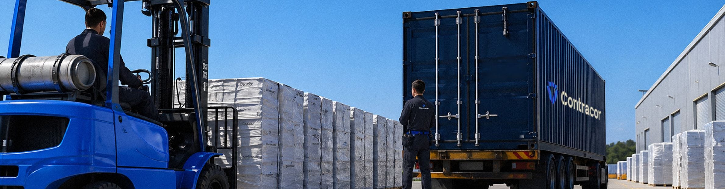 Contenedor y montacargas cargando equipos para despacho